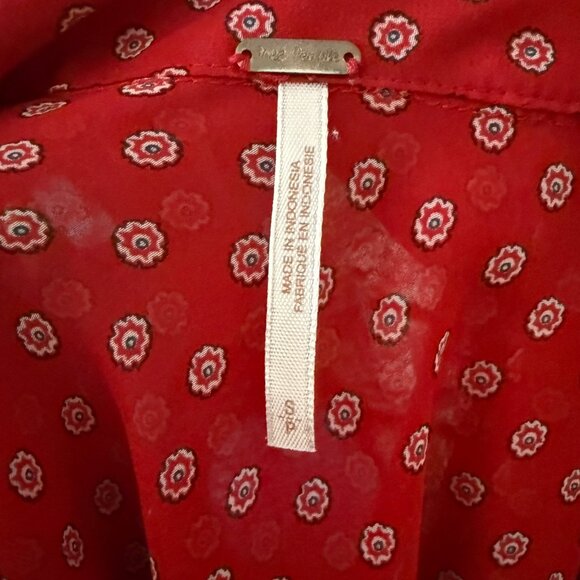 Free People Red Sheer Button-Up Blouse With Patterned Collar & Sleeves - S - Picture 4 of 4